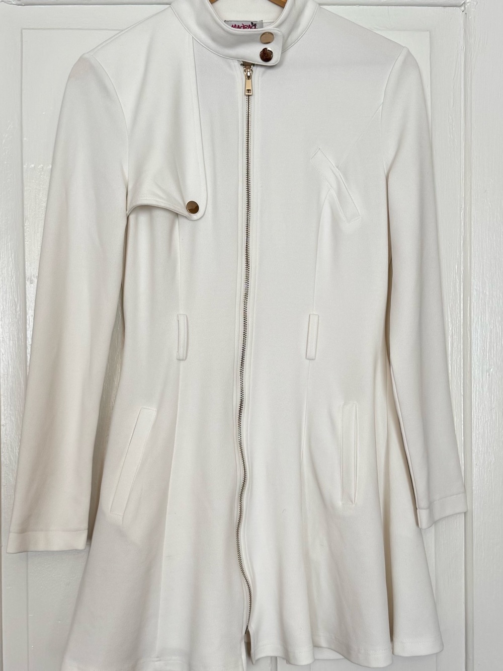 Mod Inspired White Zip Front Swing Dress with Button Standing Collar